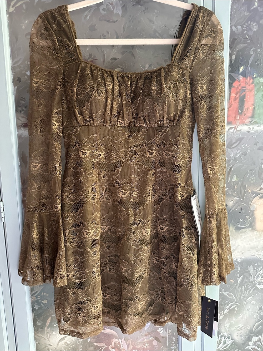 Women’s Lace Peasant Dress in Olive Brown